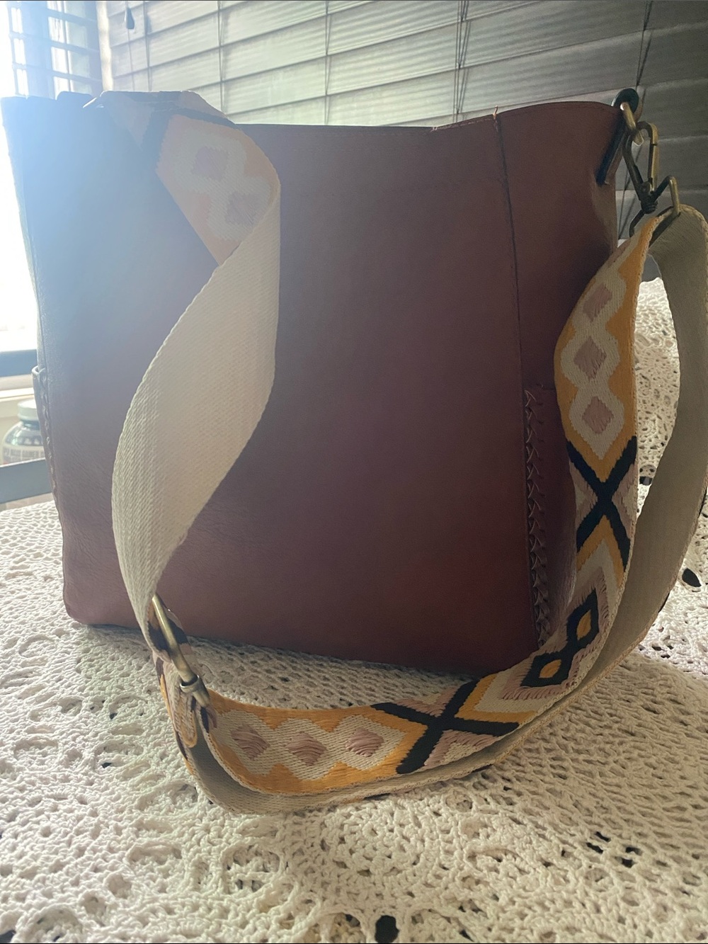 Jen & Co Everyday Brown Leather Shoulder Bag with Patterned Yellow Strap